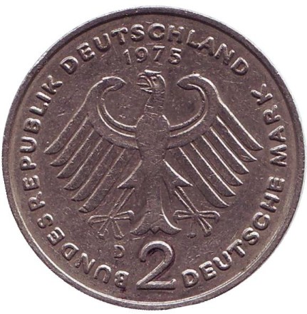 Монета 2 марки. 1975 год (D), ФРГ. Теодор Хойс. Монета 2 марки. 1975 год (D), ФРГ. Теодор Хойс.