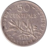 Монета 50 сантимов. 1919 год, Франция.