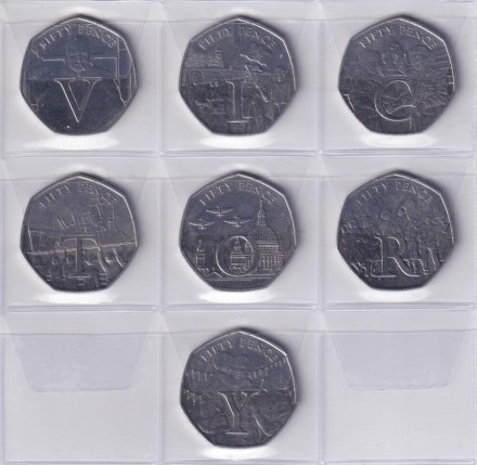 Набор монет номиналом 50 пенсов (7 шт). 2020 год, Остров Мэн. 75 лет Дню Победы в Европе.