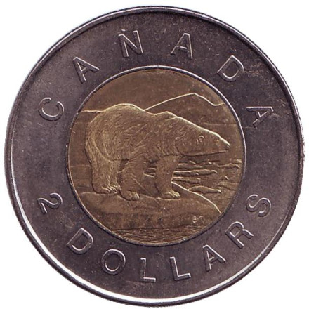 Монета 2 доллара. 2005 год, Канада. Полярный медведь.