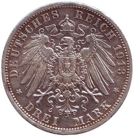 Монета 3 марки. 1913 год, Пруссия. Состояние - F. 25-летие правления Вильгельма II. Монета 3 марки. 1913 год, Пруссия. Состояние - F. 25-летие правления Вильгельма II.