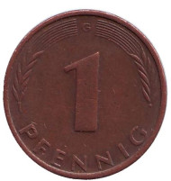 Монета 1 пфенниг. 1971 год (G), ФРГ. Дубовые листья. Монета 1 пфенниг. 1971 год (G), ФРГ. Дубовые листья.