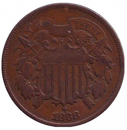 Монета 2 цента. 1868 год, США. Монета 2 цента. 1868 год, США.