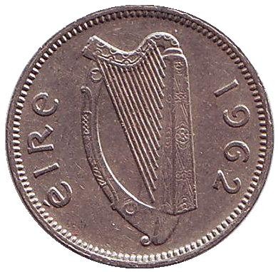 Монета 3 пенса. 1962 год, Ирландия. Заяц. Монета 3 пенса. 1962 год, Ирландия. Заяц.