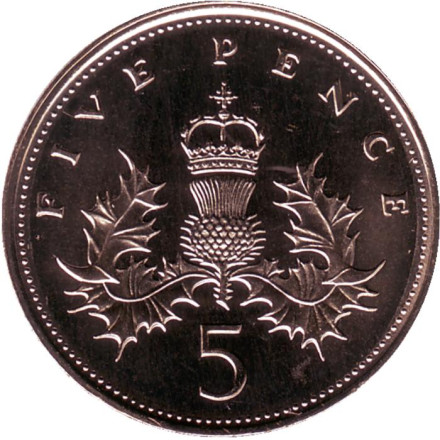 Монета 5 пенсов. 1989 год, Великобритания. BU.
