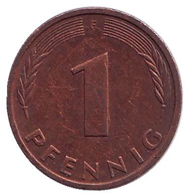 Монета 1 пфенниг. 1993 год (F), ФРГ. Дубовые листья.