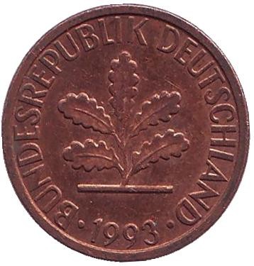 Монета 1 пфенниг. 1993 год (F), ФРГ. Дубовые листья.