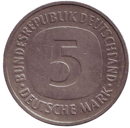 Монета 5 марок. 1986 год (D), ФРГ.