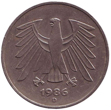 Монета 5 марок. 1986 год (D), ФРГ.