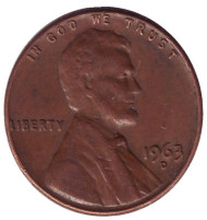 Монета 1 цент. 1963 год (D), США. Линкольн. Монета 1 цент. 1963 год (D), США. Линкольн.