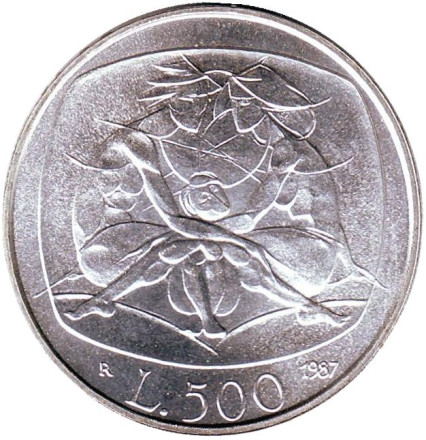 Монета 500 лир. 1987 год, Италия. Год семьи.