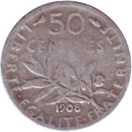 Монета 50 сантимов. 1908 год, Франция.