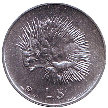 Монета 5 лир. 1974 год, Сан-Марино. Дикобраз.