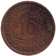 Монета 10 рейхспфеннигов. 1929 (А) год, Веймарская республика. Монета 10 рейхспфеннигов. 1929 (А) год, Веймарская республика.