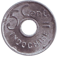 Монета 5 сантимов. 1943 год, Французский Индокитай. UNC. Монета 5 сантимов. 1943 год, Французский Индокитай. UNC.