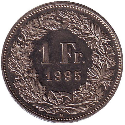 Монета 1 франк. 1995 (В) год, Швейцария. Гельвеция.