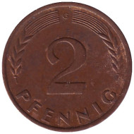 Монета 2 пфеннига. 1960 год (G), ФРГ. Дубовые листья. Монета 2 пфеннига. 1960 год (G), ФРГ. Дубовые листья.