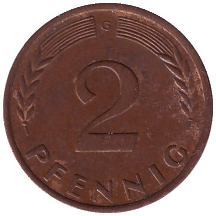 Монета 2 пфеннига. 1960 год (G), ФРГ. Дубовые листья.