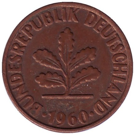 Монета 2 пфеннига. 1960 год (G), ФРГ. Дубовые листья.