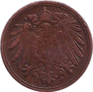 Монета 1 пфенниг. 1890 год (D), Германская империя. Монета 1 пфенниг. 1890 год (D), Германская империя.