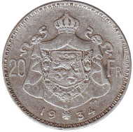 Монета 20 франков. 1934 год, Бельгия. (Der Belgen) Король Альберт I. Монета 20 франков. 1934 год, Бельгия. (Der Belgen) Король Альберт I.