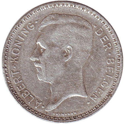 Монета 20 франков. 1934 год, Бельгия. (Der Belgen) Король Альберт I.