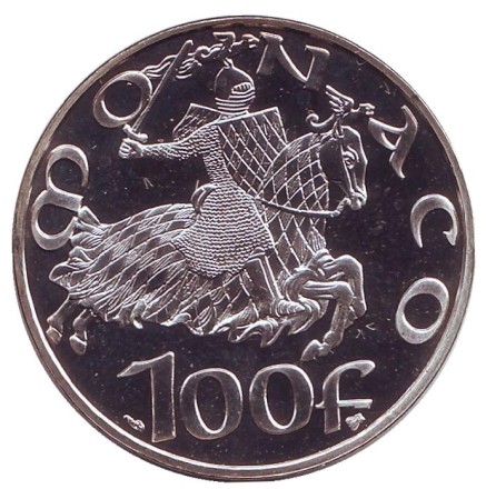 Монета 100 франков. 1997 год, Монако. 700 лет династии Гримальди. Монета 100 франков. 1997 год, Монако. 700 лет династии Гримальди.