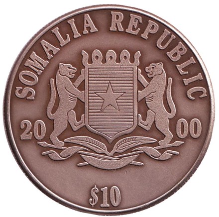 Монета 10 долларов. 2000 год, Сомали. Миллениум. Монета 10 долларов. 2000 год, Сомали. Миллениум.