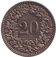 Монета 20 раппенов. 1912 год, Швейцария. Монета 20 раппенов. 1912 год, Швейцария.