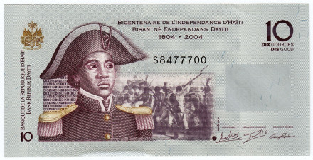 Банкнота 10 гурдов. 2016 год, Гаити. 200-летие независимости Гаити.