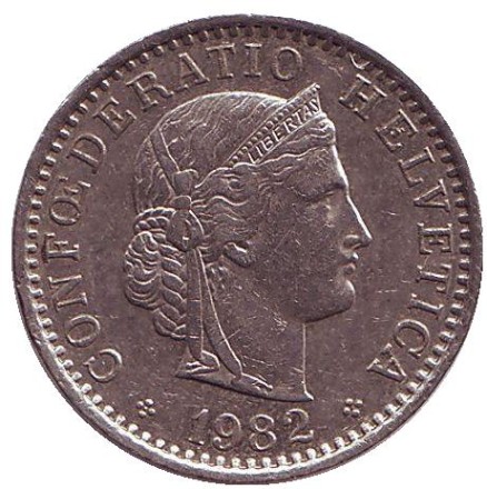 Монета 20 раппенов. 1982 год, Швейцария. Монета 20 раппенов. 1982 год, Швейцария.