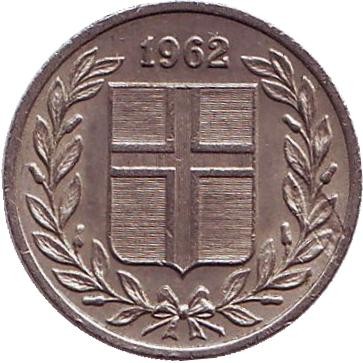 Монета 25 аураров. 1962 год, Исландия.