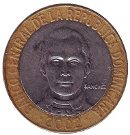 Монета 5 песо. 2002 год, Доминиканская Республика. Франсиско дель Росарио. Монета 5 песо. 2002 год, Доминиканская Республика. Франсиско дель Росарио.