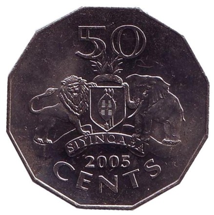 Монета 50 центов. 2005 год, Свазиленд. Король Мсавати III. Монета 50 центов. 2005 год, Свазиленд. Король Мсавати III.