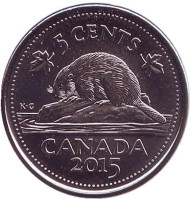 Монета 5 центов, 2015 год, Канада. Бобр. Монета 5 центов, 2015 год, Канада. Бобр.