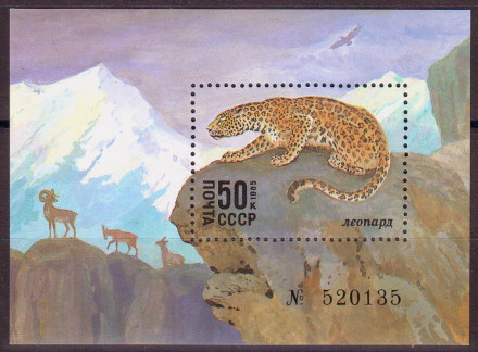 Блок почтовый. Животные "Красной книги". Леопард. 1985 год, СССР.