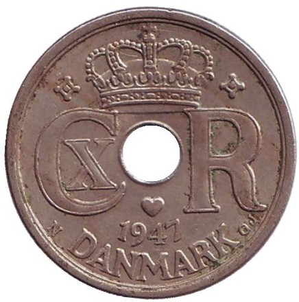 Монета 25 эре. 1947 год, Дания. Монета 25 эре. 1947 год, Дания.
