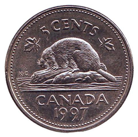 Монета 5 центов. 1997 год, Канада. Бобр.