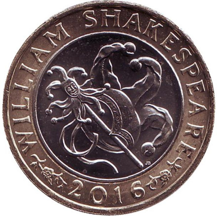 Монета 2 фунта. 2016 год, Великобритания. 400 лет со дня смерти Уильяма Шекспира. Комедия.