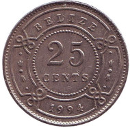 Монета 25 центов, 1994 год, Белиз. Монета 25 центов, 1994 год, Белиз.