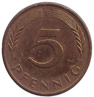 Монета 5 пфеннигов. 1990 год (F), ФРГ. Дубовые листья. Монета 5 пфеннигов. 1990 год (F), ФРГ. Дубовые листья.
