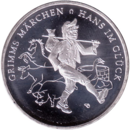 Монета 20 евро. 2023 год (F), Германия. Счастливый Ганс. Серия "Сказки братьев Гримм".