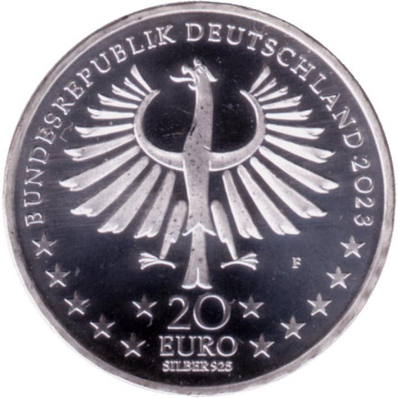 Монета 20 евро. 2023 год (F), Германия. Счастливый Ганс. Серия "Сказки братьев Гримм".