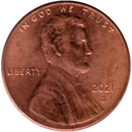 Монета 1 цент. 2021 год (D), США. Линкольн.