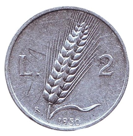 Монета 2 лиры. 1950 год, Италия.