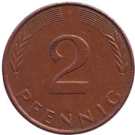 Монета 2 пфеннига. 1989 год (F), ФРГ. Дубовые листья. Монета 2 пфеннига. 1989 год (F), ФРГ. Дубовые листья.
