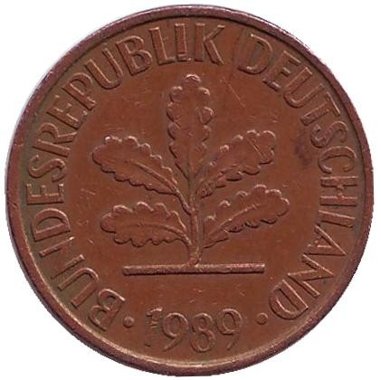 Монета 2 пфеннига. 1989 год (F), ФРГ. Дубовые листья. Монета 2 пфеннига. 1989 год (F), ФРГ. Дубовые листья.
