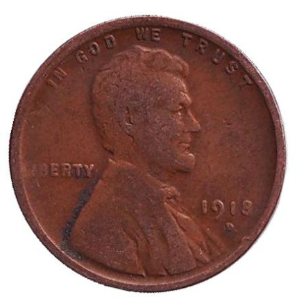 Монета 1 цент. 1918 год (D), США. Линкольн.
