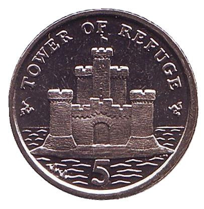 Монета 5 пенсов. 2007 год, Остров Мэн. UNC. (Отметка "AA") Защитная башня.