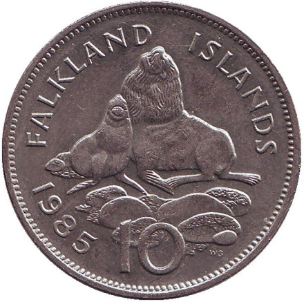 Монета 10 пенсов. 1985 год, Фолклендские острова. Морские львы.
